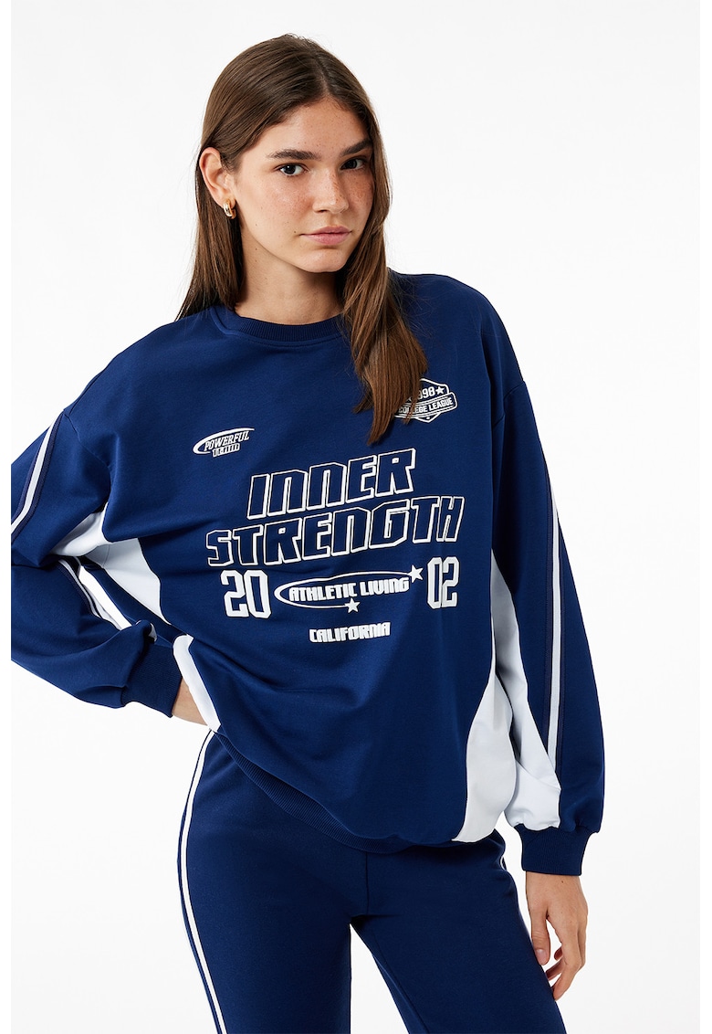 Bluza de trening cu imprimeu si maneci cazute - Bleumarin