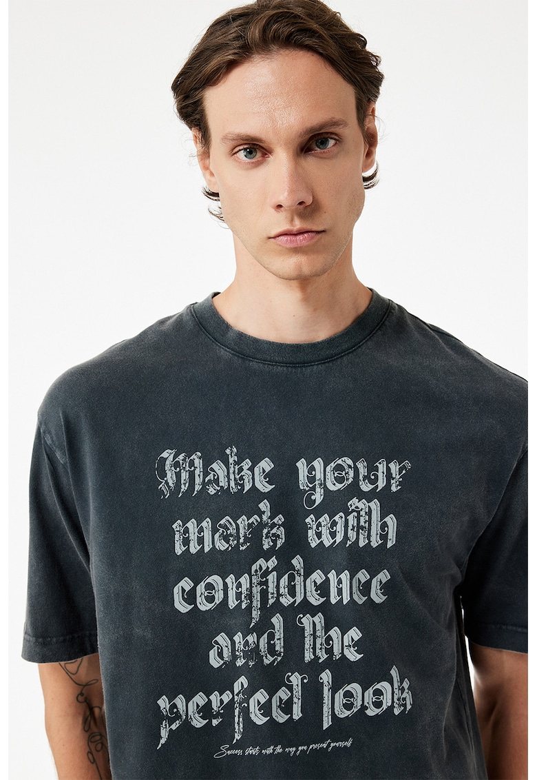Tricou regular fit cu imprimeu text - Gri carbune