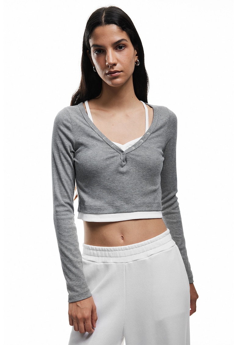 Bluza crop uni - Alb/Gri melange