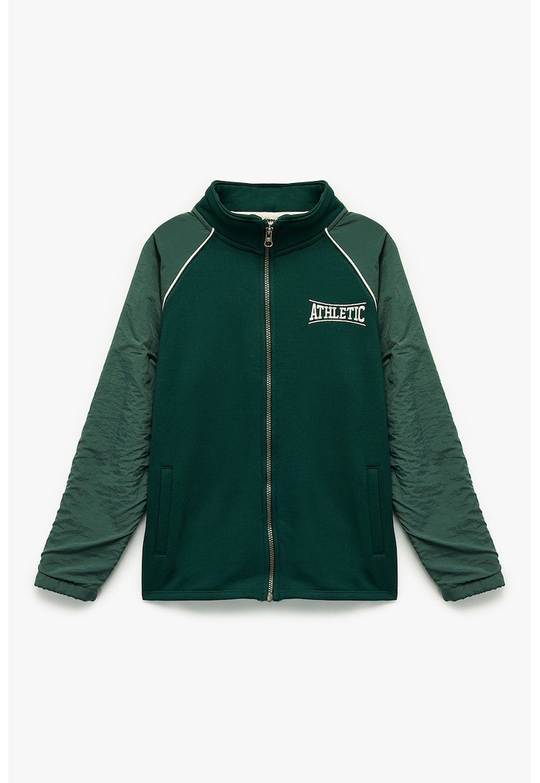 Bluza de trening cu design text si fermoar - Verde inchis