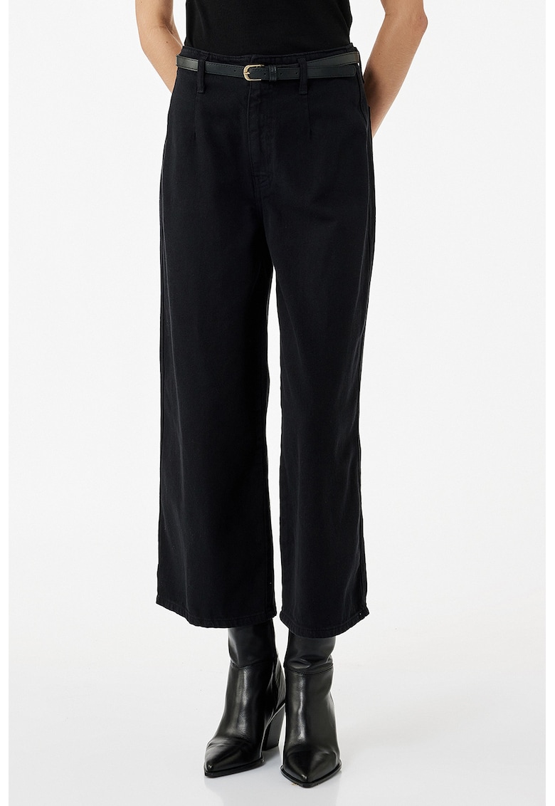 Blugi crop cu croiala ampla si curea - Negru