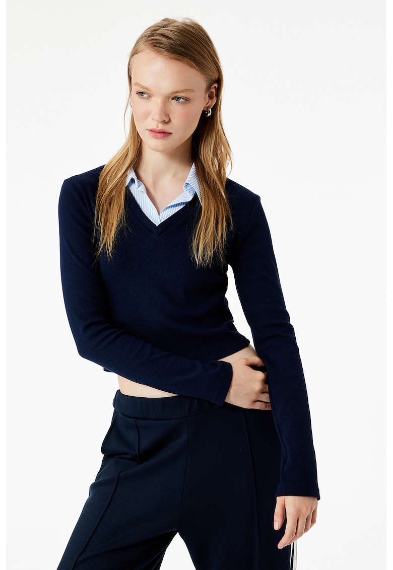 Bluza cambrata crop cu model 2 in 1 - Albastru ultramarin