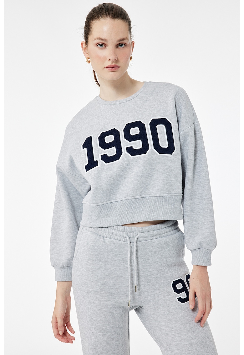 Bluza crop de trening cu aplicatie contrastanta - Gri deschis melange