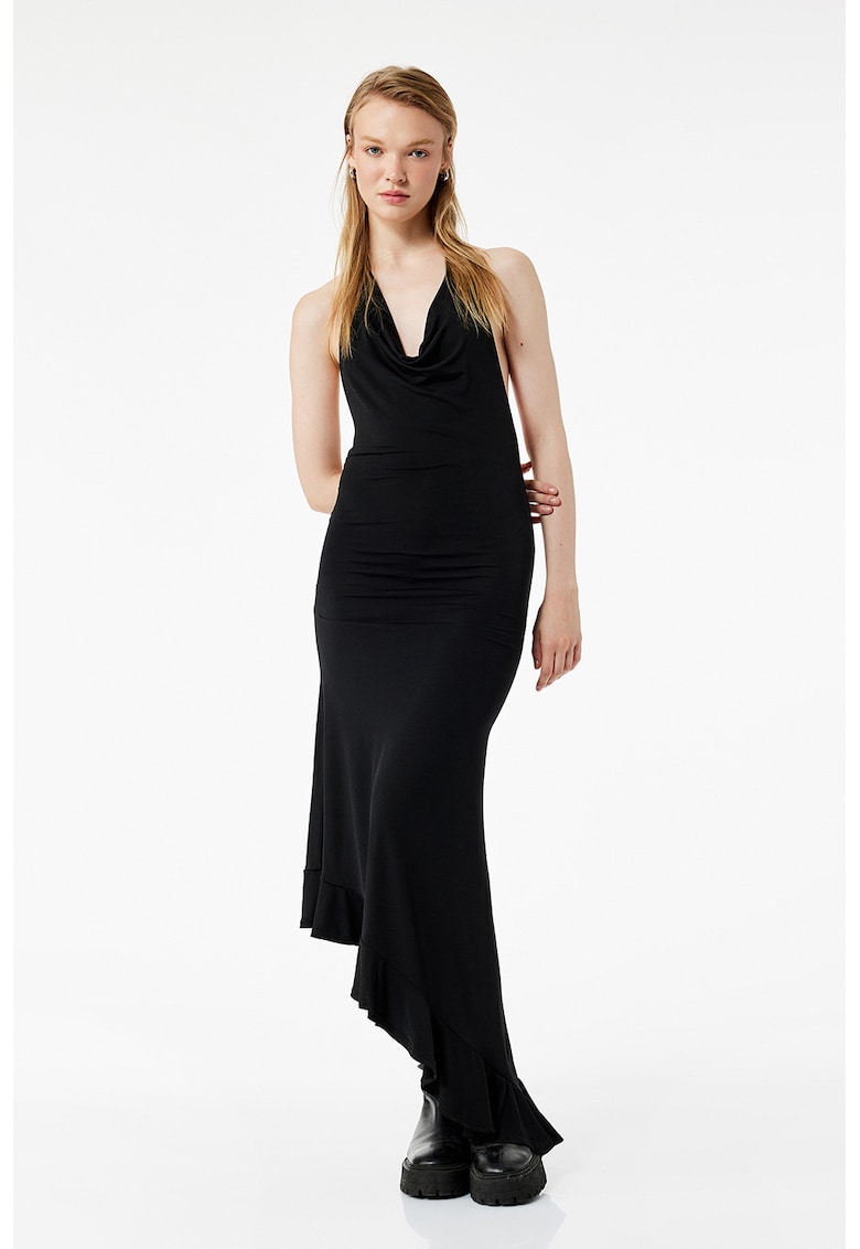 Rochie asimetrica cu decolte halter si garnitura cu volane - Negru