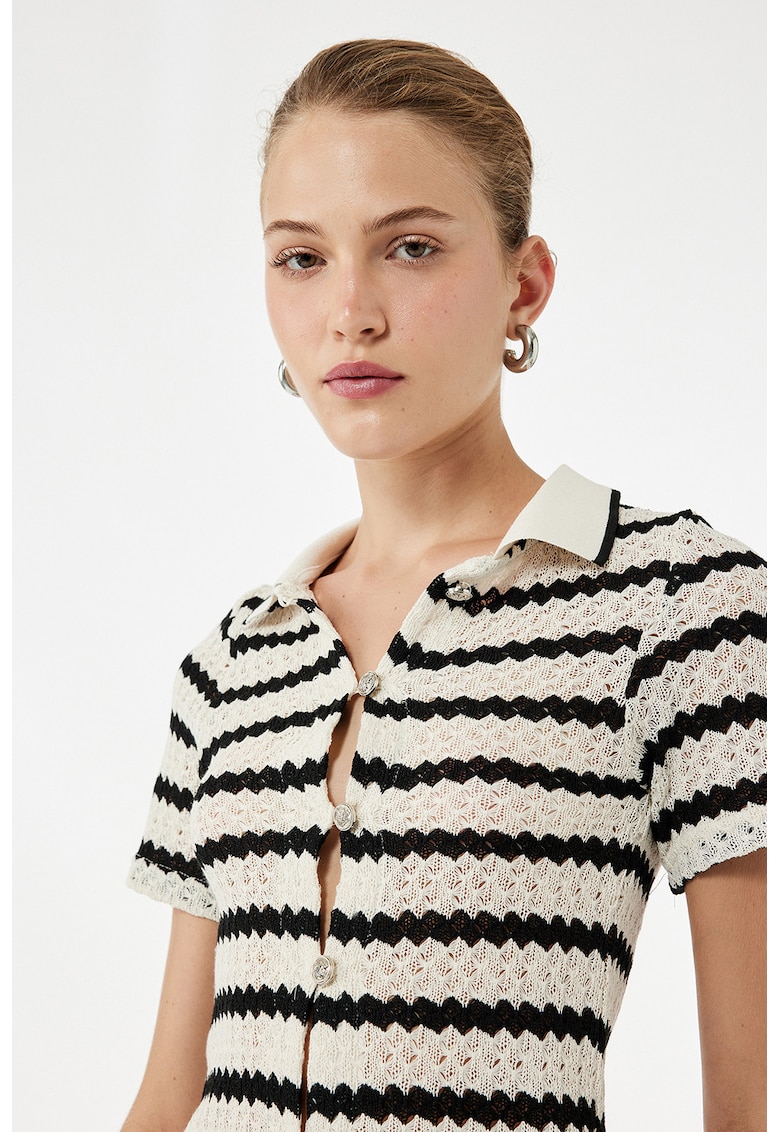 Cardigan polo cu dungi - Alb fildes/Negru