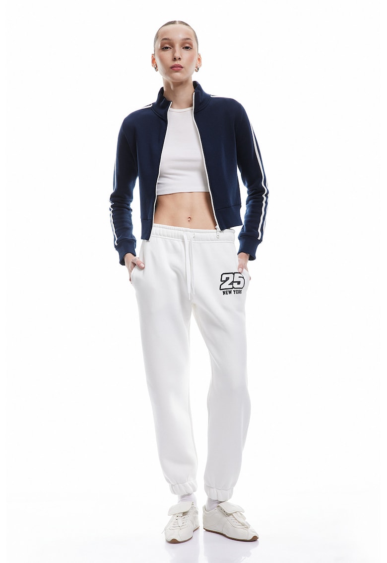 Pantaloni de trening cu snur si text - Negru/Alb murdar