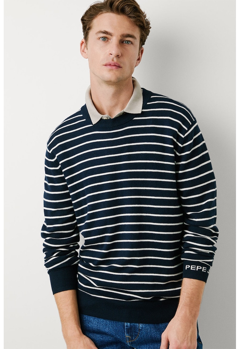 Pulover regular fit cu dungi - Alb/Bleumarin