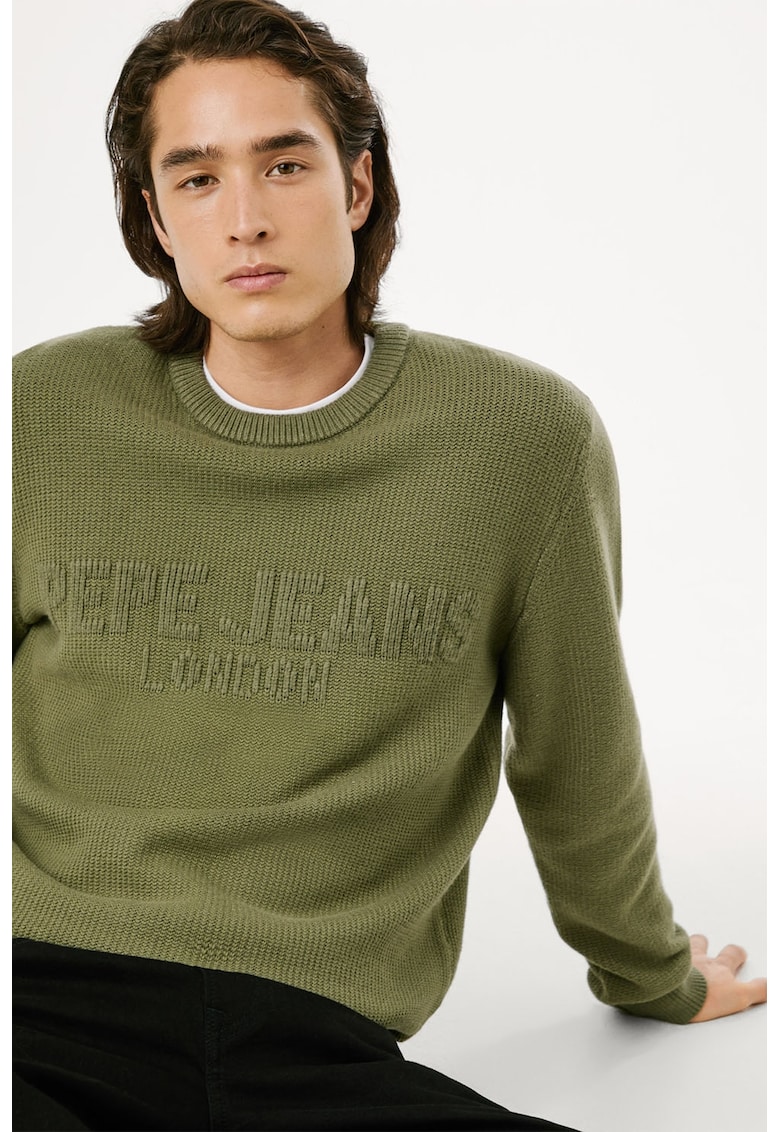 Pulover texturat cu logo in relief - Verde sparanghel