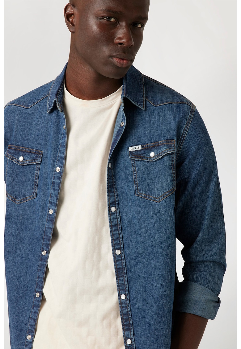 Camasa din denim cu buzunare aplicate - Albastru inchis