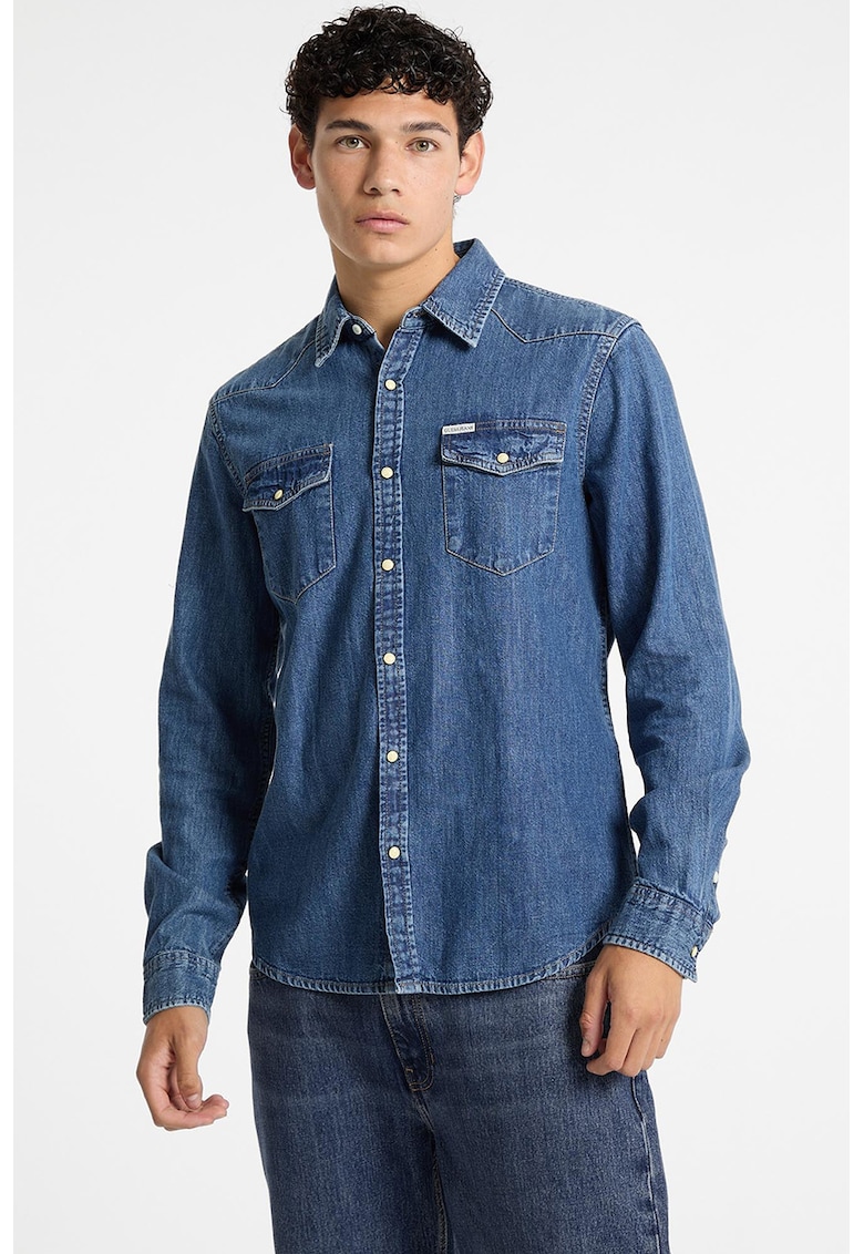Camasa slim-fit din denim cu capsa - Albastru melange