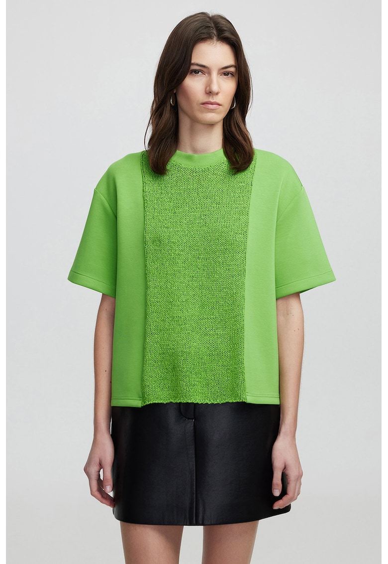 Tricou lejer cu segmente cu aspect tricotat - Verde electric