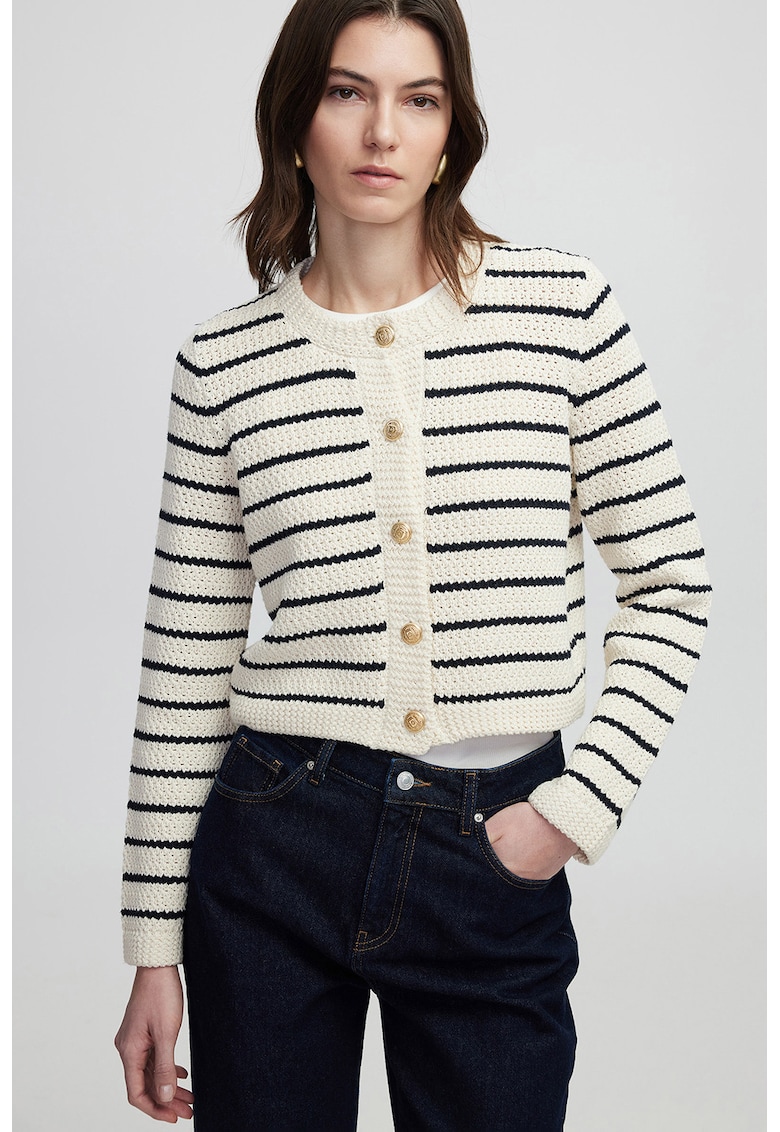 Cardigan cu model in dungi si inchidere cu nasturi - Alb fildes/Albastru ultramarin