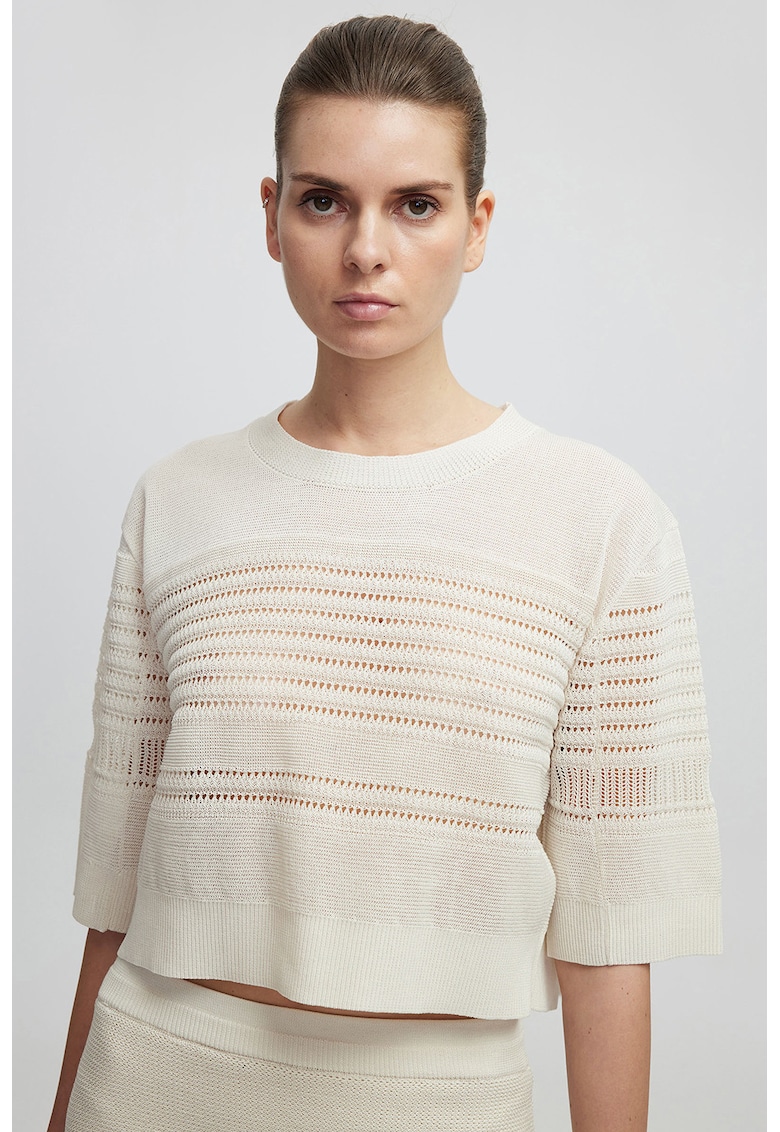 Pulover lejer cu detalii perforate - Alb fildes