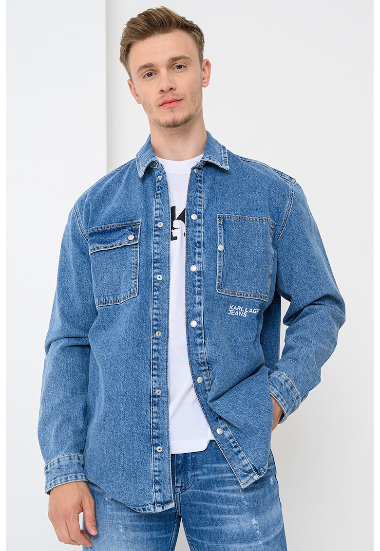Camasa de denim cu buzunare pe piept - Albastru