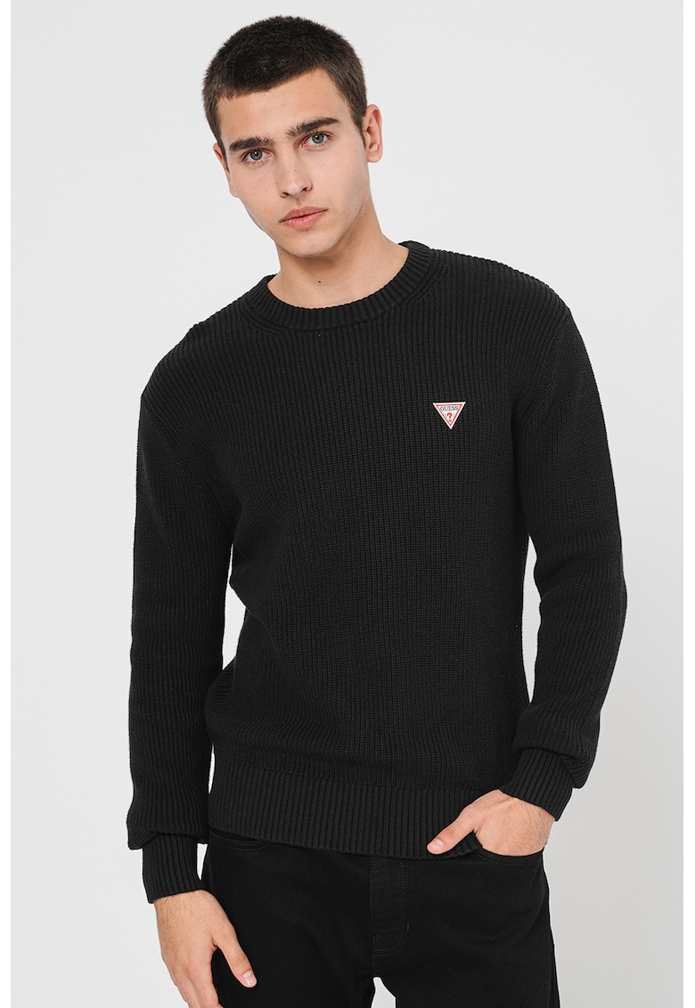 Pulover striat cu logo discret - Negru