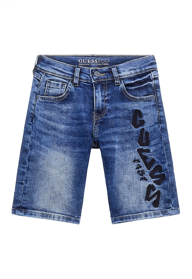Pantaloni scurti cu aspect decolorat si logo brodat - Albastru