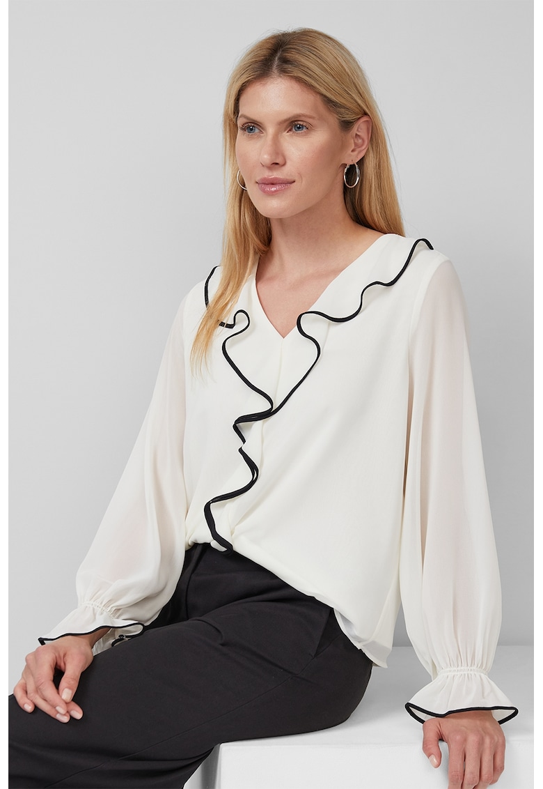 Bluza cu decolteu in V si volane - Negru stins/Alb murdar