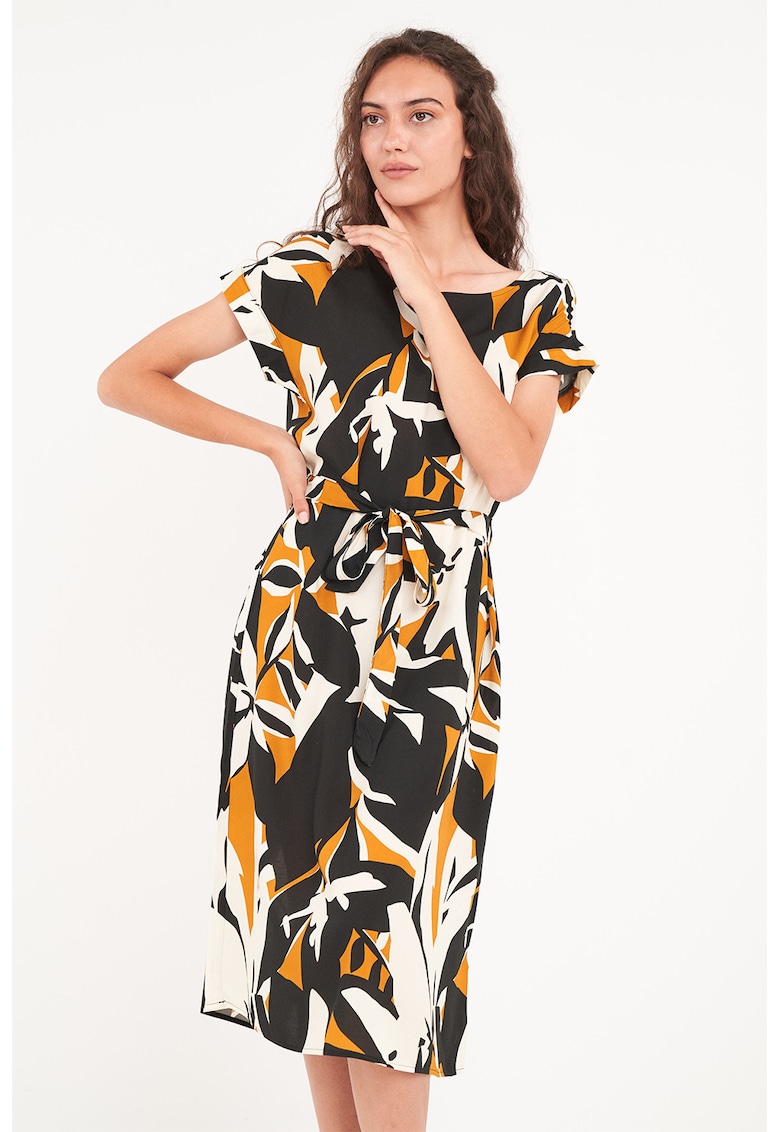 Rochie cu imprimeu si cordon - Alb/Negru/Galben