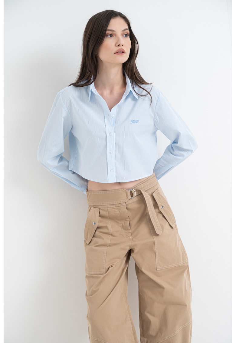 Camasa crop cu maneci lungi - Alb/Albastru deschis