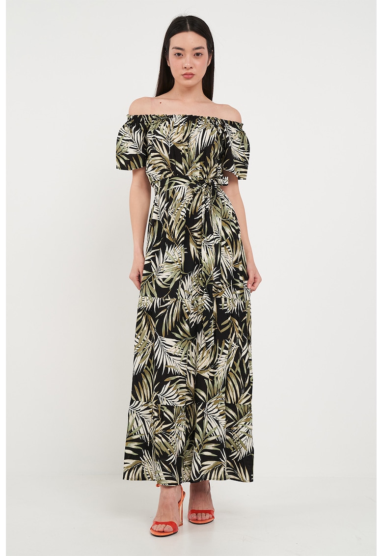 Rochie maxi cu model si decolteu pe umeri - Alb fildes/Negru/Verde sparanghel