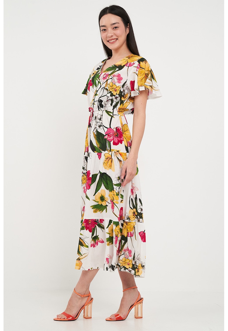 Rochie cu imprimeu si fronseuri - Alb/Galben/Verde inchis