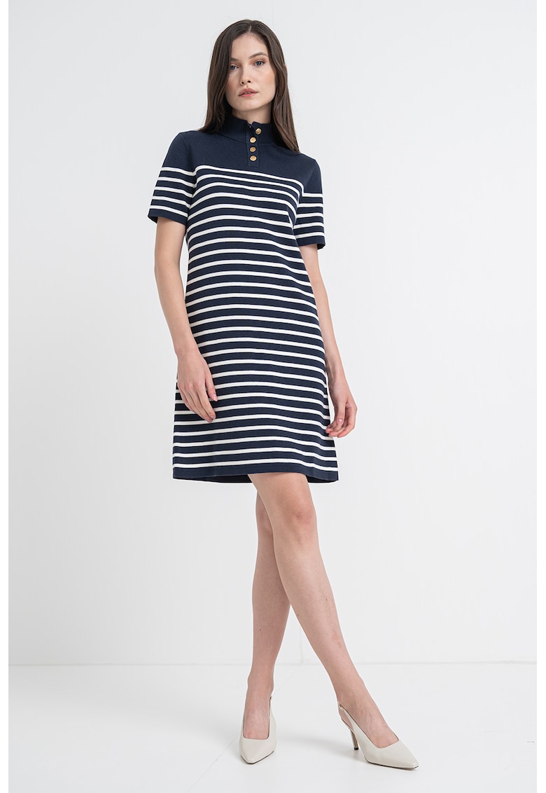 Rochie polo din amestec de bumbac organic cu dungi - Alb/Albastru inchis