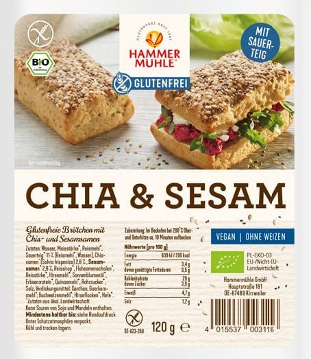 Chifle fara gluten cu seminte de chia si susan, 120g, Hammer Muhle