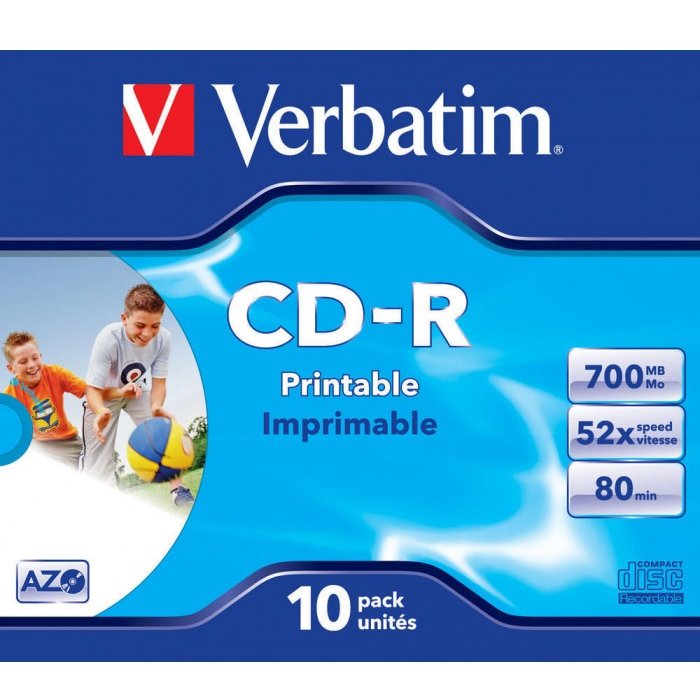 BLANK CD-R Verbatim AZO 52X 700MB JC WIDE INKJET PRINTABLE ID BRANDED 43325 (pret la 1 buc. 43324 CD - 10buc. / cutie)
