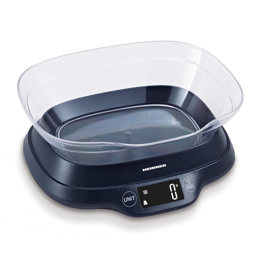 Cantar de bucatarie cu bol Heinner HKSB-TC5P, 5 Kg, 1 g, touch control, tara, functie cantarire lichide, display LCD, bol plastic