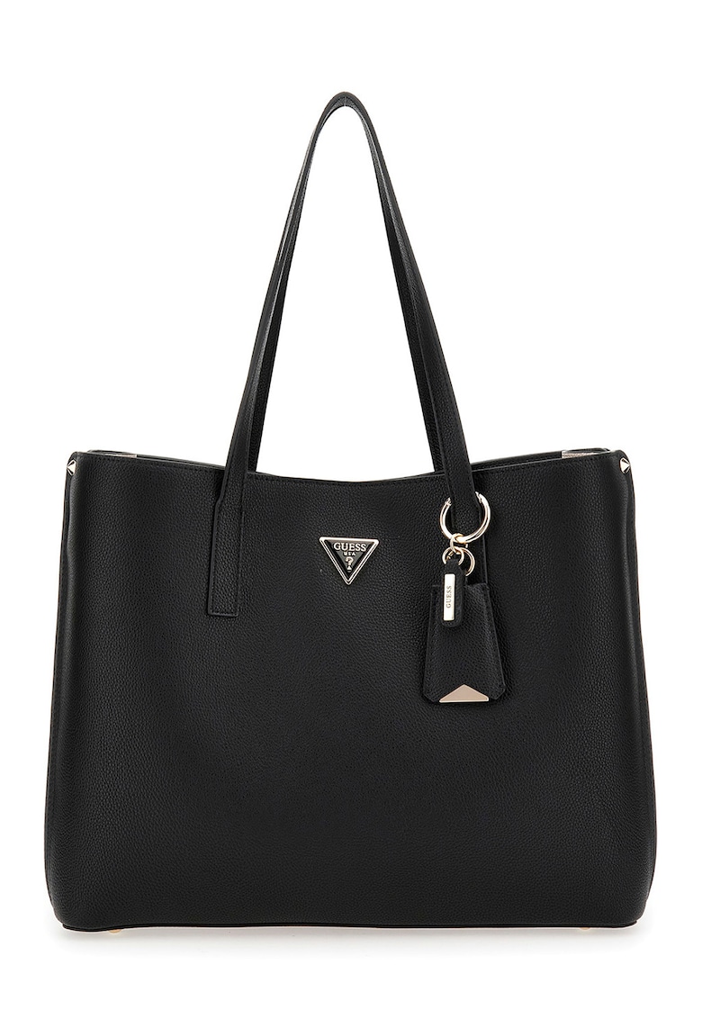 Geanta shopper de piele ecologica cu aplicatie logo - Negru stins