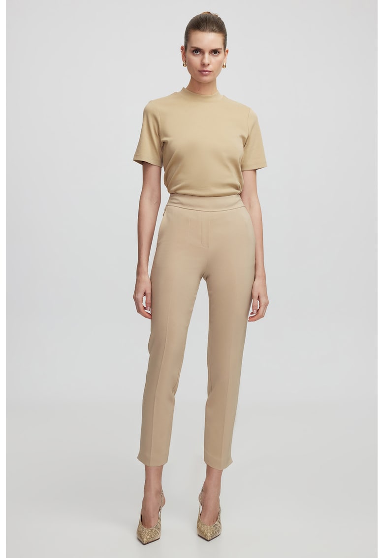 Pantaloni uni skinny cu talie inalta - Maro deschis