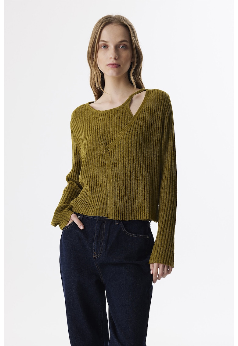 Pulover uni cu decolteu asimetric - Verde masliniu