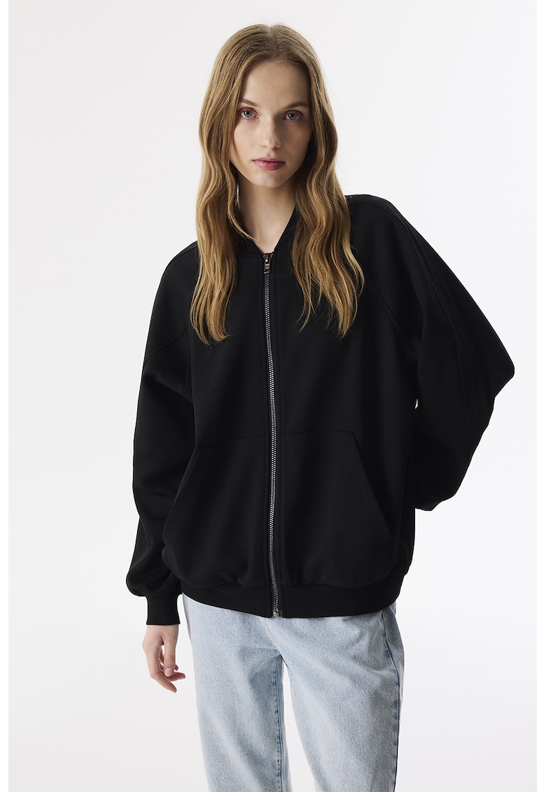 Bluza de trening cu fermoar si maneci raglan - Negru