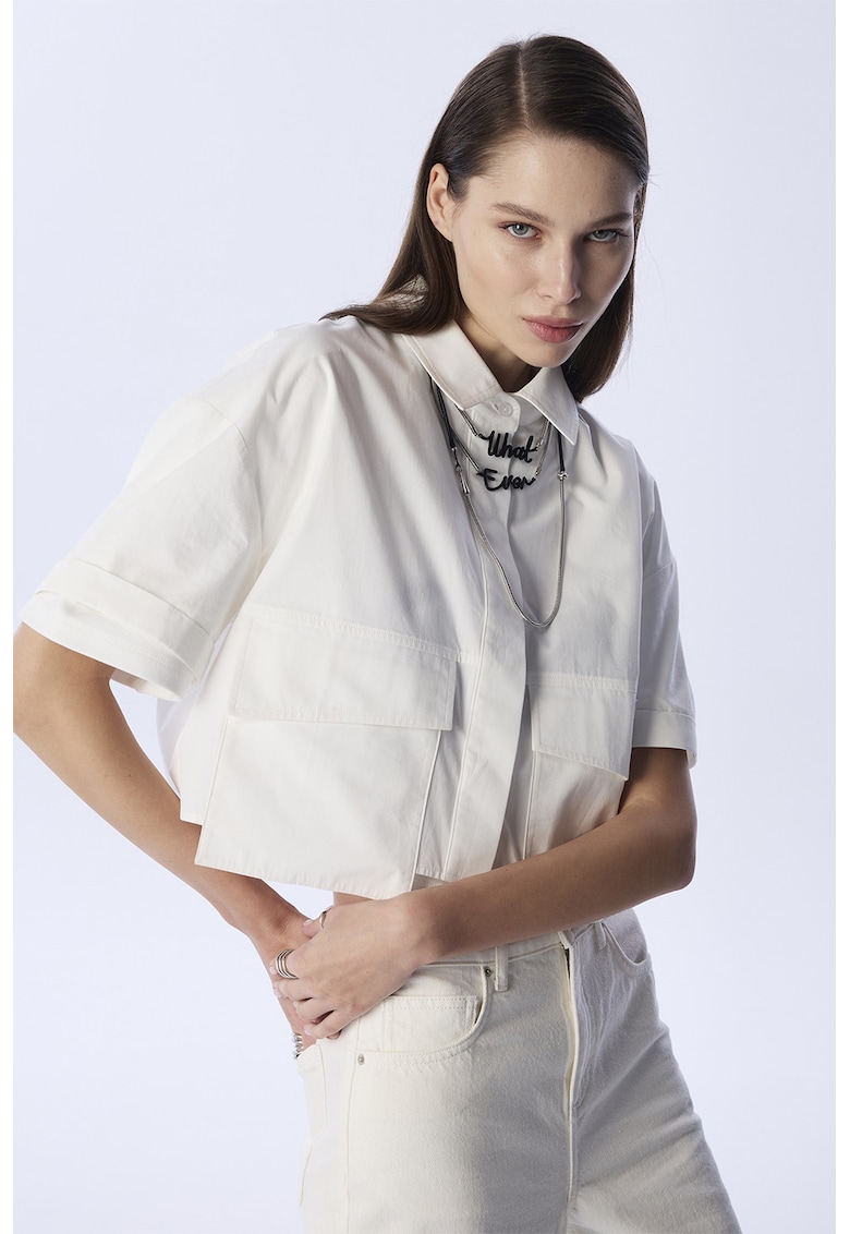 Camasa crop cu buzunare asimetrice - Alb murdar