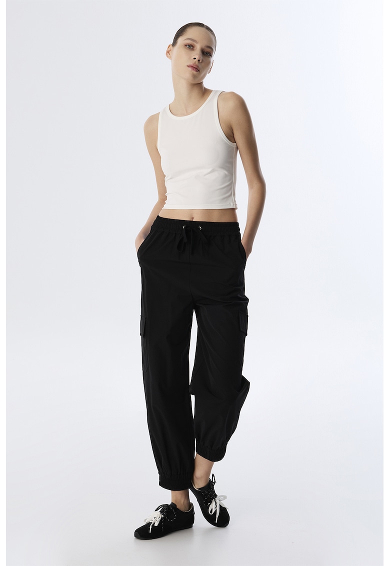 Pantaloni de trening cu talie inalta si ajustabila - Negru