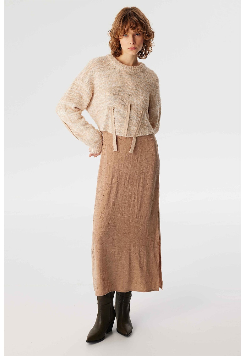 Rochie cu maneci lungi si model 2 in 1 - Maro nisip