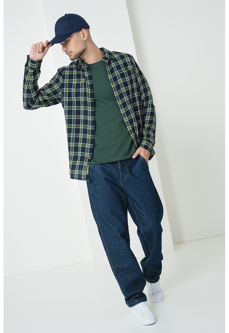 Camasa din bumbac cu model in carouri - Alb/Verde lime/Bleumarin