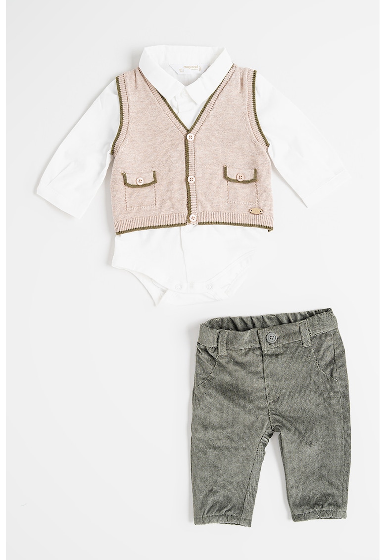 Set de vesta - camasa si pantaloni - Alb/Gri/Maro taupe deschis