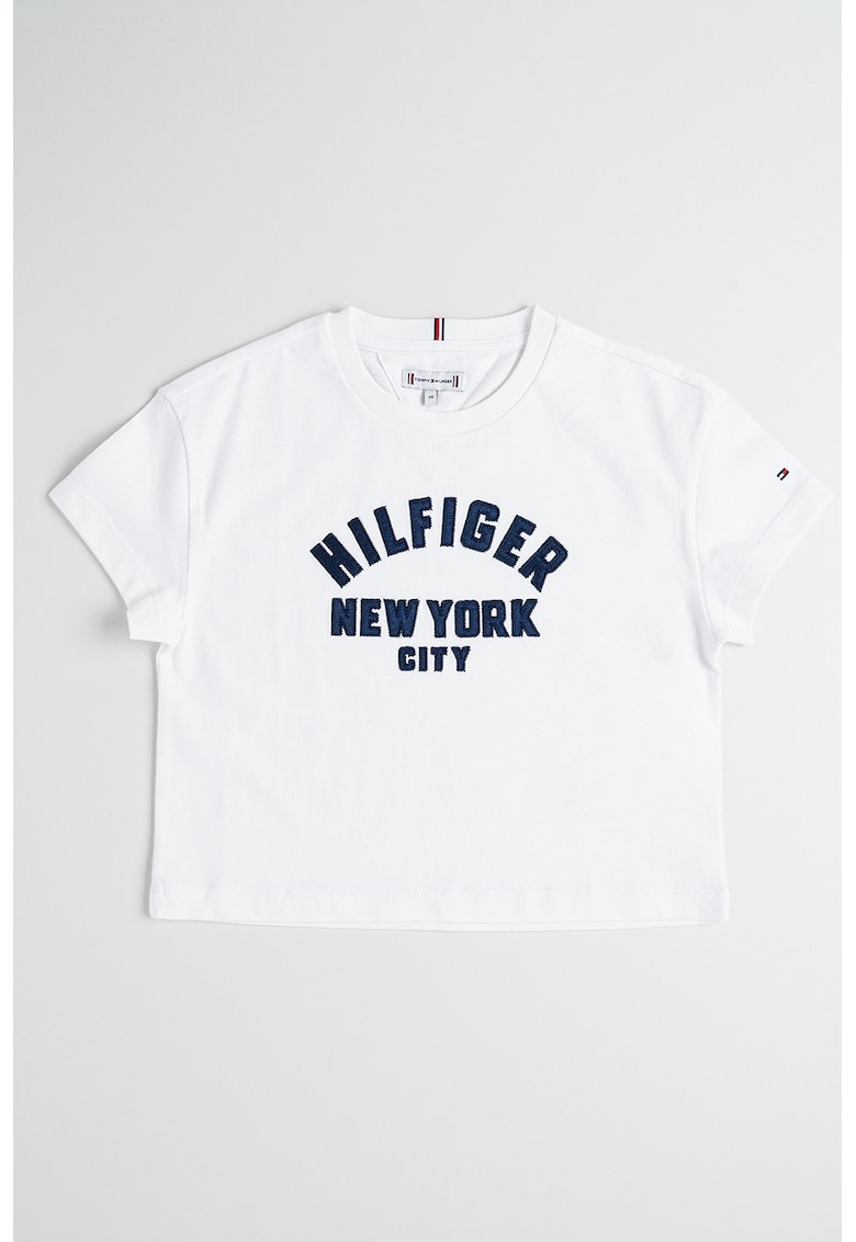 Tricou crop cu text brodat - Albastru ultramarin/Alb optic
