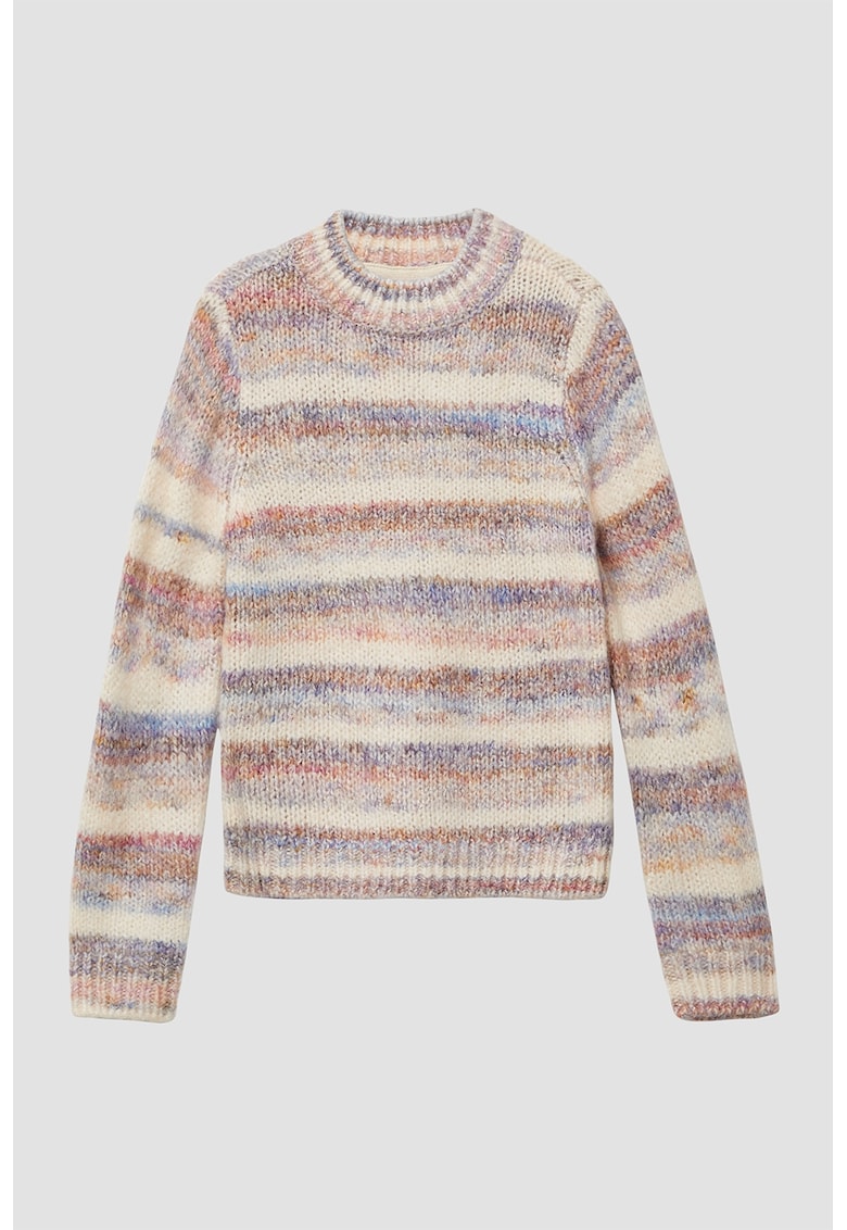 Pulover tricotat cu decolteu la baza gatului - Albastru pastel/Maro deschis/Bej deschis