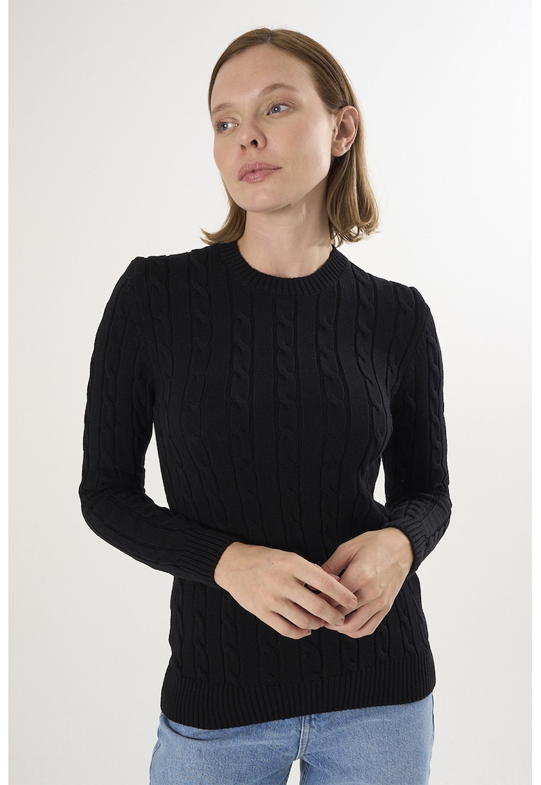 Oferte la Pulover cu decolteu la baza gatului si model torsade - Negru