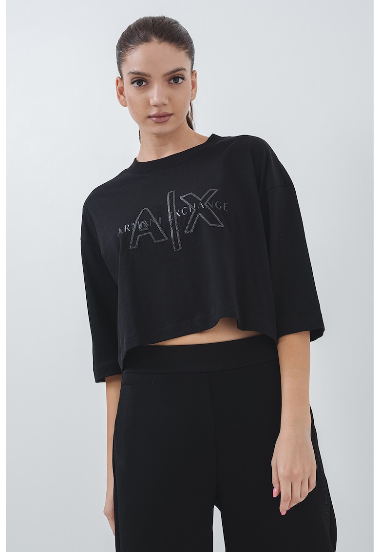 Tricou crop cu decolteu la baza gatului - Negru