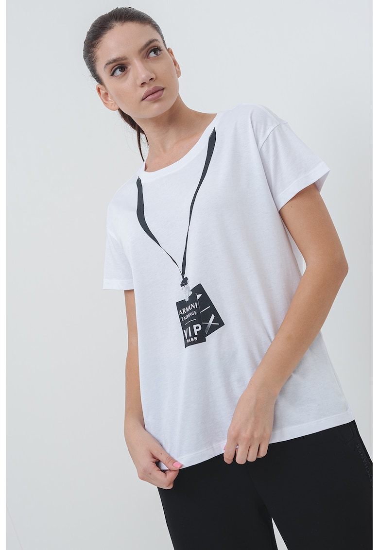 Tricou lejer din bumbac cu imprimeu logo - Alb/Negru