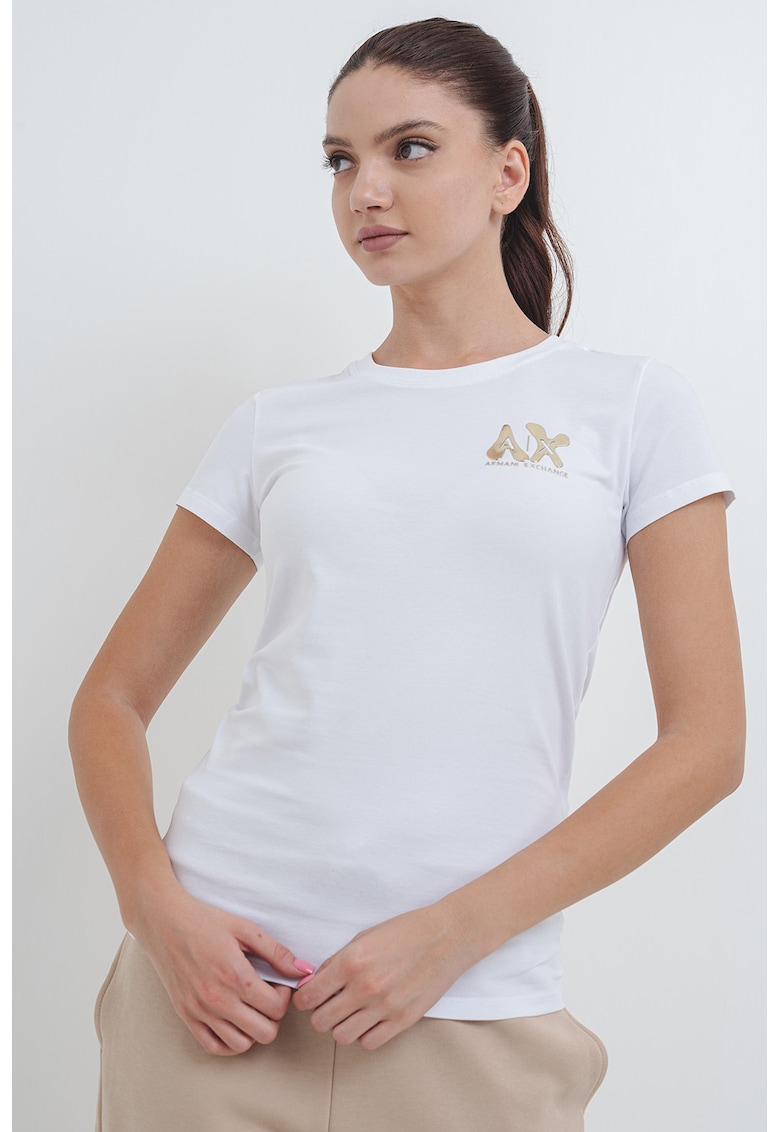Tricou slim-fit cu imprimeu logo stralucitor - Alb/Auriu