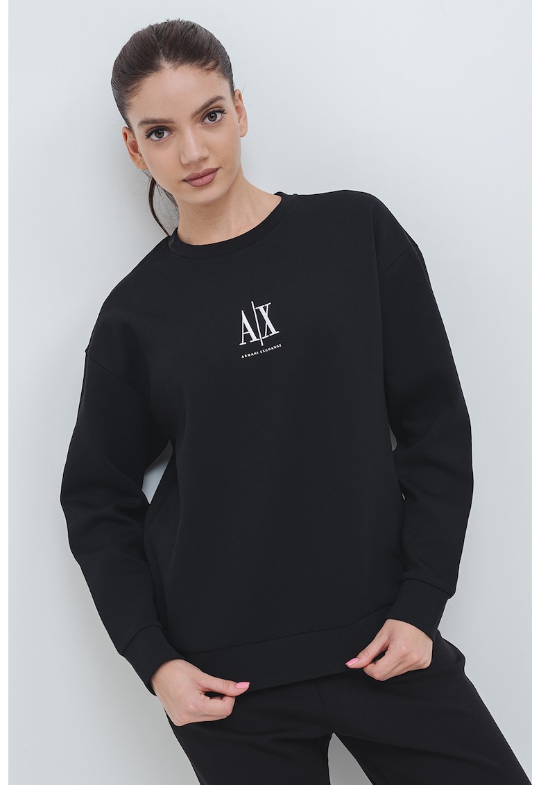 Bluza de trening din amestec de bumbac cu decolteu la baza gatului - Alb/Negru