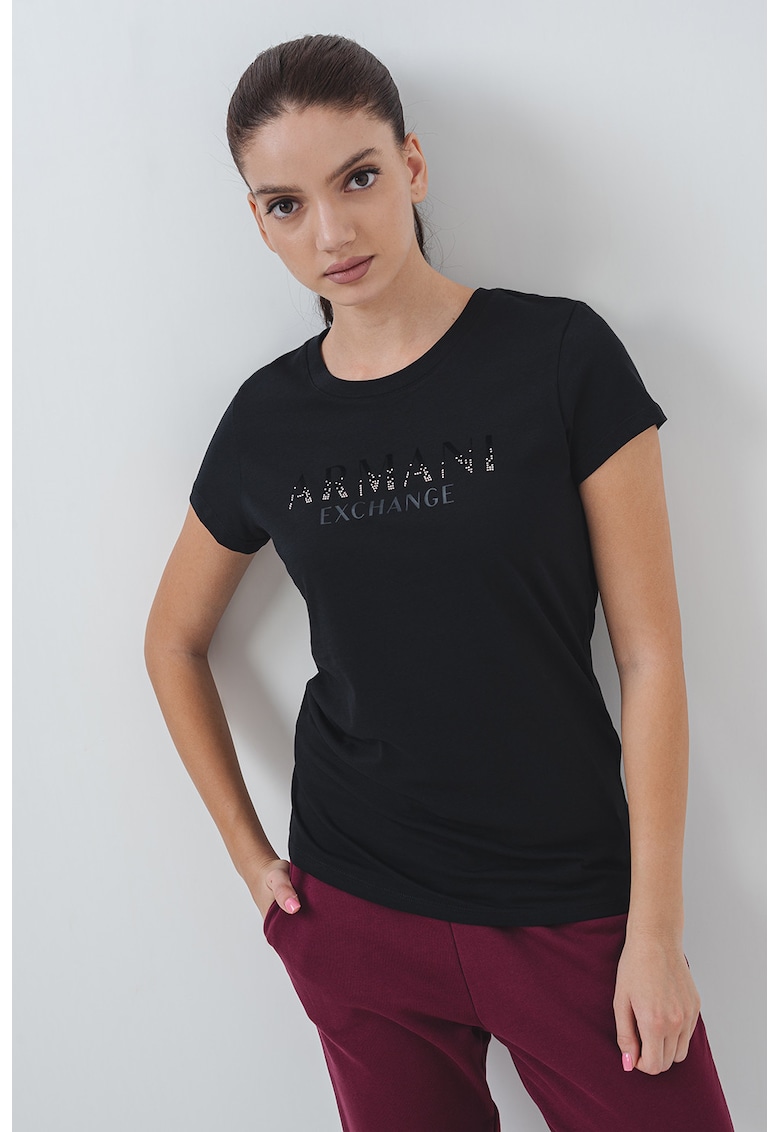 Tricou slim-fit cu imprimeu pe piept - Negru/Transparent