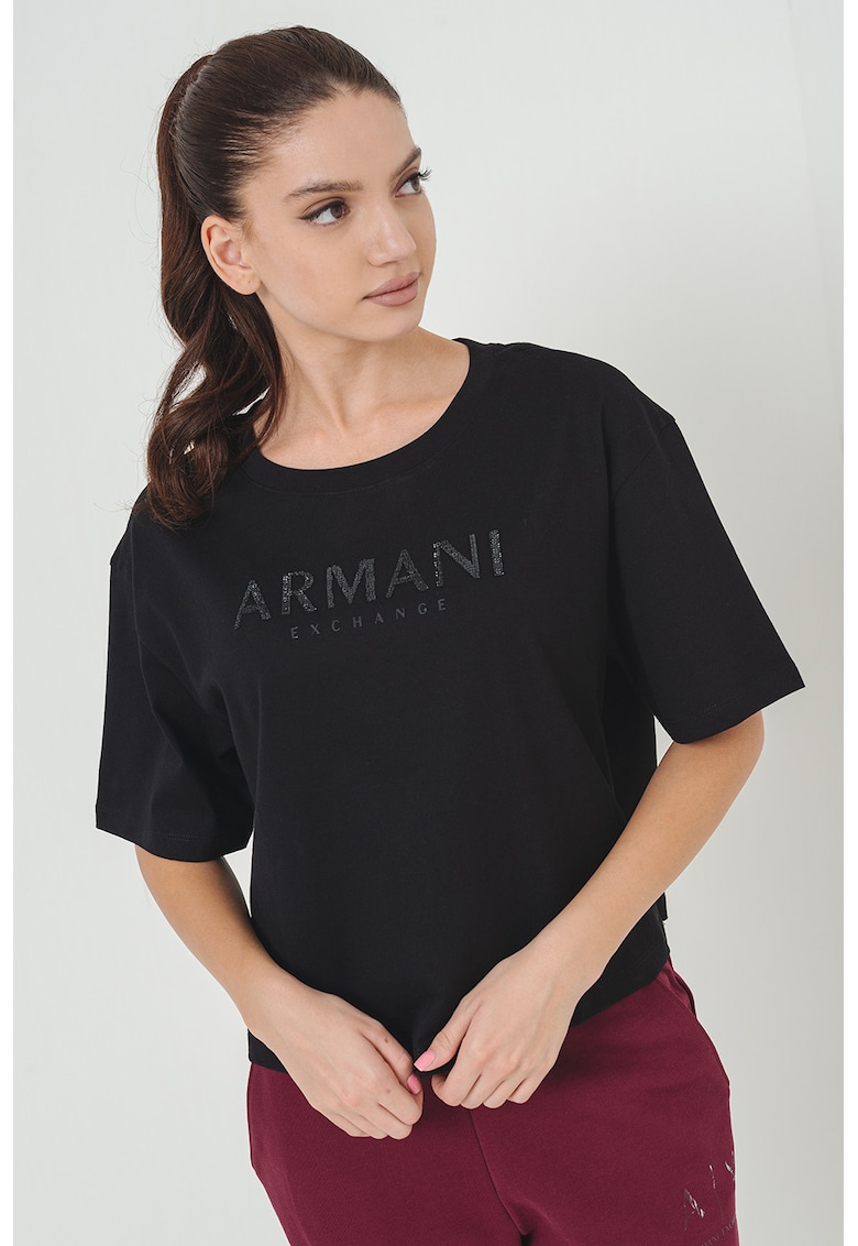 Tricou crop cu maneci cazute - Negru