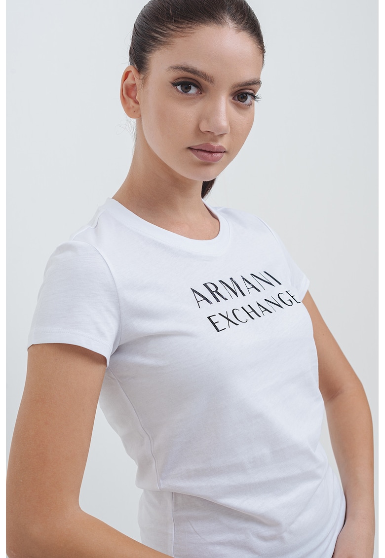 Tricou slim-fit cu decolteu la baza gatului si logo - Alb/Negru