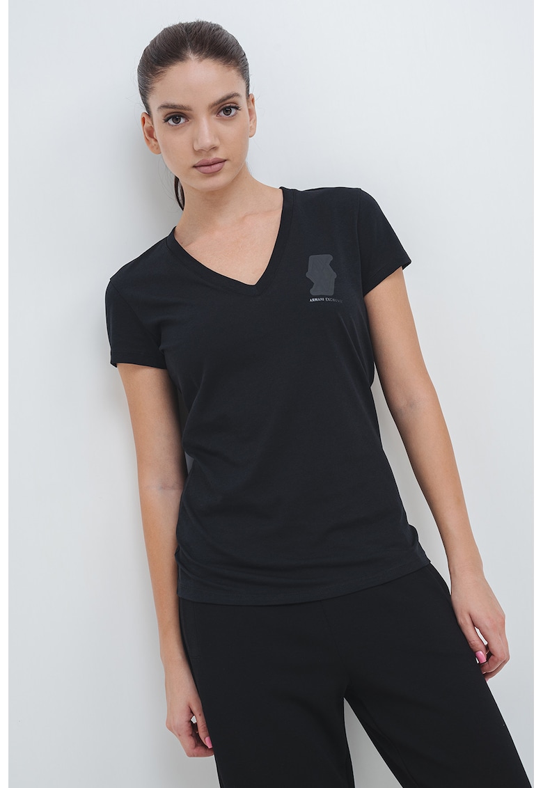 Tricou din bumbac cu decolteu in V - Negru