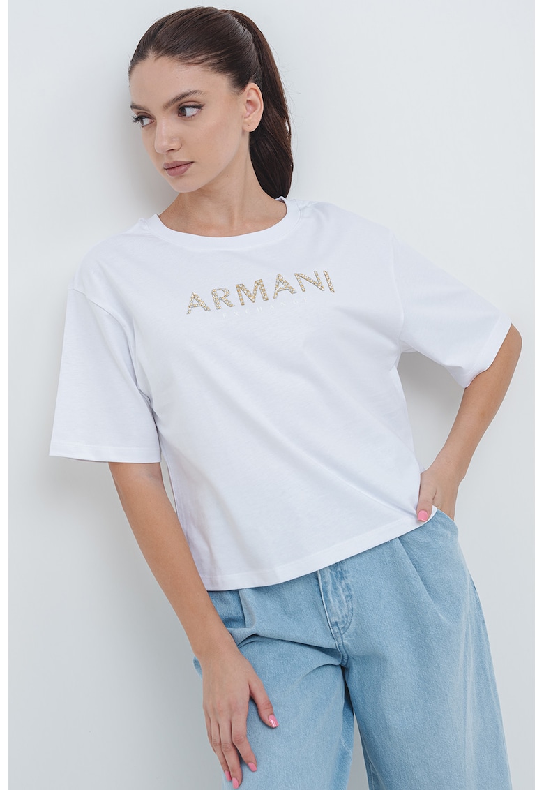 Tricou crop cu maneci cazute - Alb/Auriu